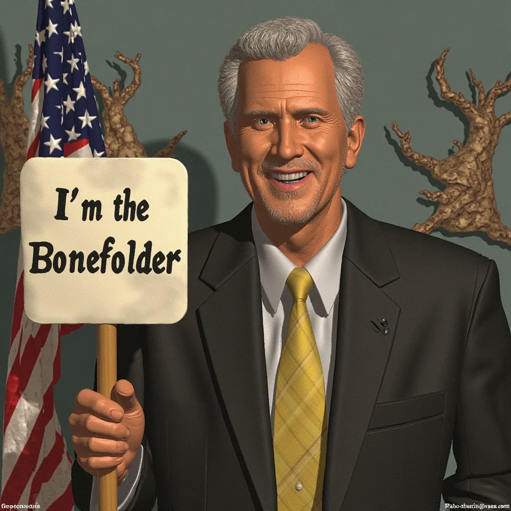 I have been experimenting with an AI that generates images and I made this funny image of George Bush holding a sign saying I’m the bonefolder - I think this is the energy we need more of in the election